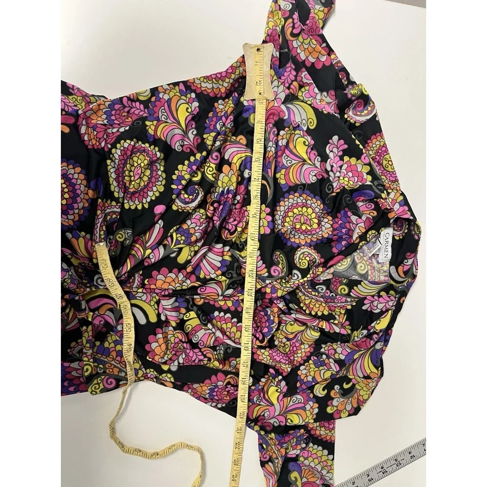 Carmen Marc Valvo Y2K Paisley Retro Wrap Top Large Pink Purple Black Slinky - Picture 7 of 9